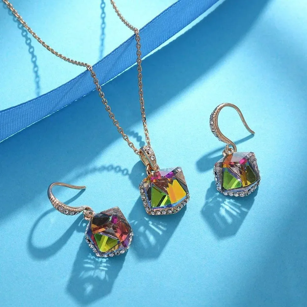 New Colorful Cubic Austrian Crystal Pendant Necklace Earrings for Women … - Picture 7 of 9